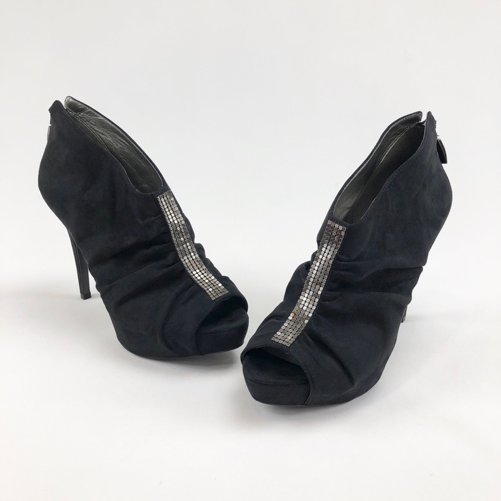 Guess Maralyn Black Suede Peep Toe Bootie Heels